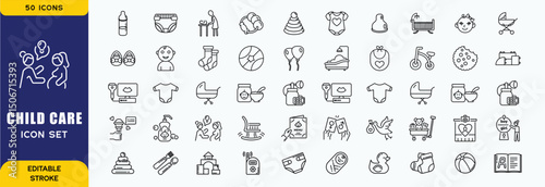 Set of line icons related to child care, international children day, kid rights, parenthood. Outline icon collection. Editable stroke. Vector illustration