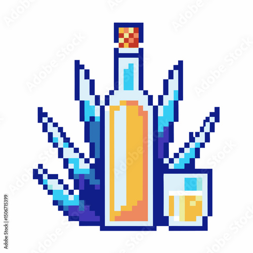 pixel art tequila bottle and glass with blue agave plant, vibrant digital illustration