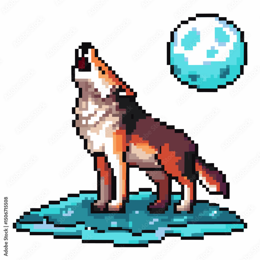 Fototapeta premium pixel art wolf howling at the moon on icy ground blue moonlit night scene, retro gaming