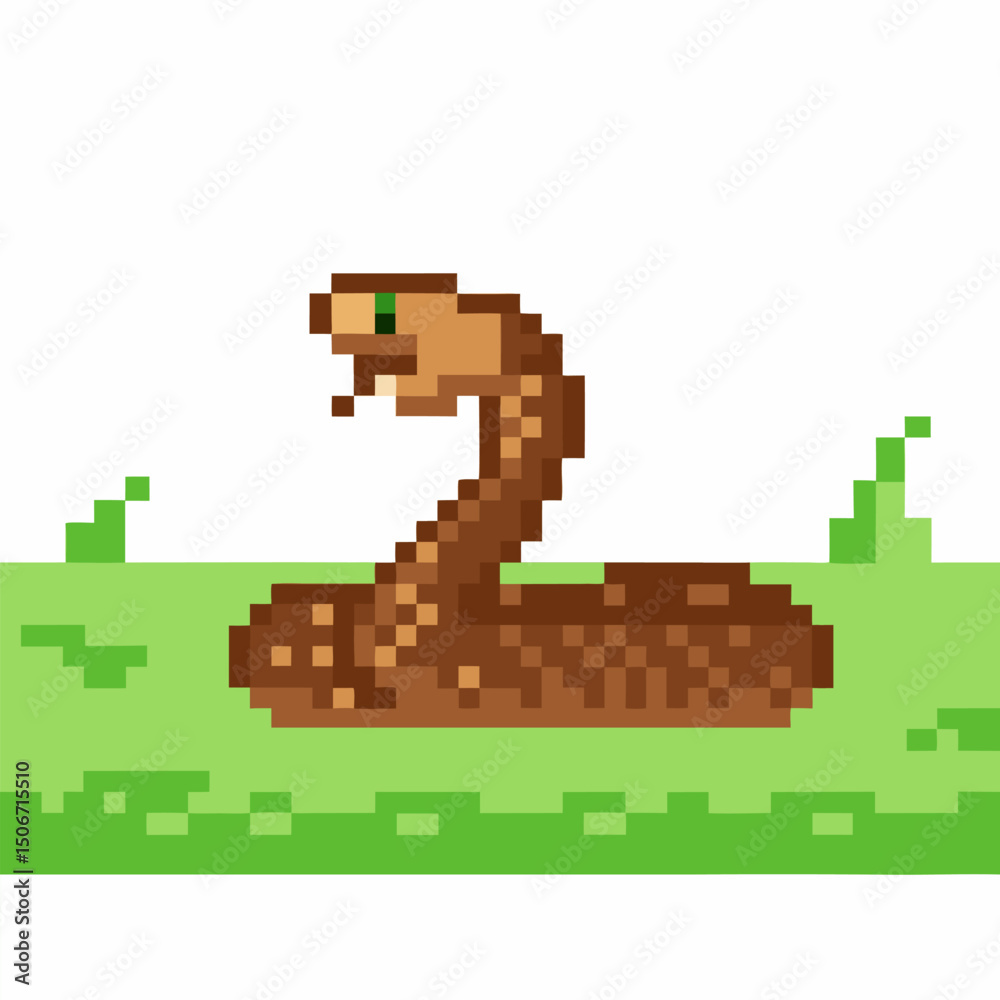 Fototapeta premium Pixel art cobra with raised hood in grass, retro game design