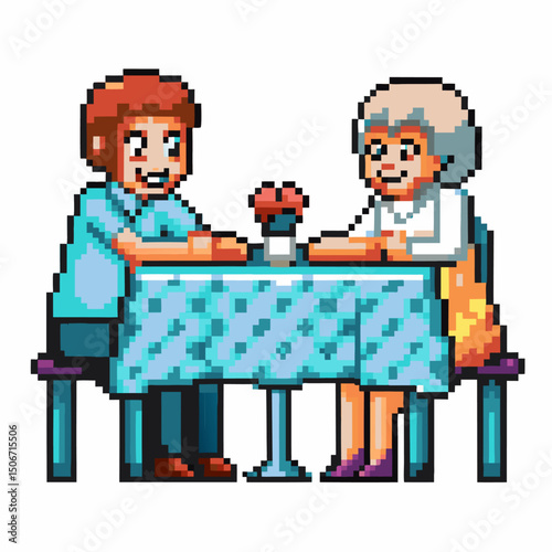 pixel art couple dining retro video game romantic evening, table, flowers, vintage pixels