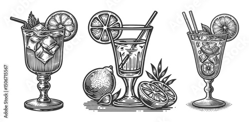 citrus cocktails in decorative glasses with ice cubes, lemon slices, and straws Set collection bundle sketch engraving generative ai vector illustration. Scratch board imitation. Black and white.