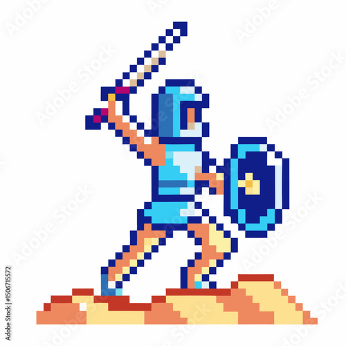 Pixel art warrior with sword and shield retro 8 bit game character in action stance on pixelated terrain