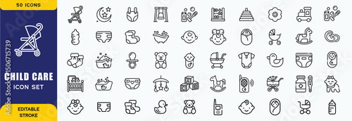 Child  Care Icon Set – Childcare, Infant Essentials, Parenting & Safety Icons for Graphic Design & Web. Baby Care Vector Icon Sets. Child Care Vector Outline Icon Set