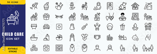 Child  Care Icon Set – Childcare, Infant Essentials, Parenting & Safety Icons for Graphic Design & Web. Baby Care Vector Icon Sets. Child Care Vector Outline Icon Set