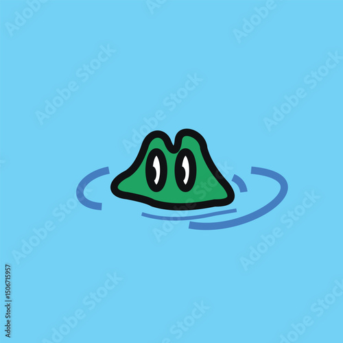 Vector illustration of a green crocodile design in a lake with only the top of its head, forehead and eyes visible.