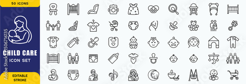 Child  Care Icon Set – Childcare, Infant Essentials, Parenting & Safety Icons for Graphic Design & Web. Baby Care Vector Icon Sets. Child Care Vector Outline Icon Set