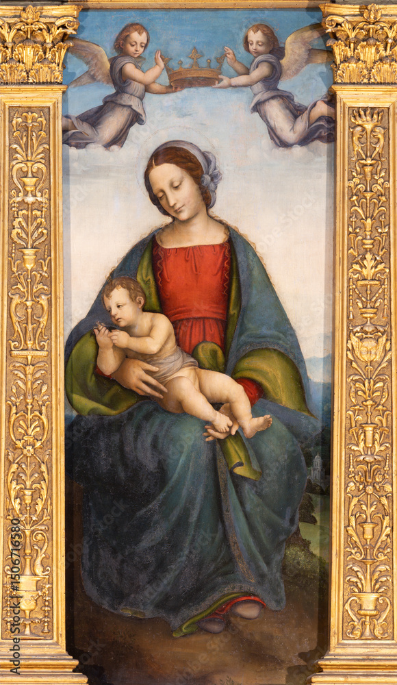 Obraz premium LODI, ITALY - MAY 21, 2025: The detail of painting of Madonna from Politico Berinzaghi in church Chiesa Beata Vergine Incoronata by Alberto Piaza (1514 - 1516).