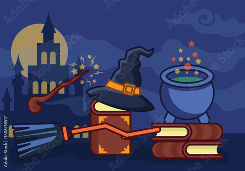 Magical wizard school illustration students spells and potions
