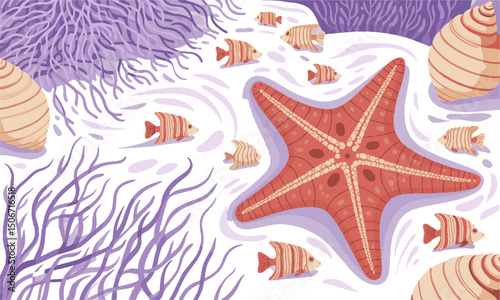 Modern vector-style illustration set featuring a variety of ocean-themed elements, easily editable and scalable.