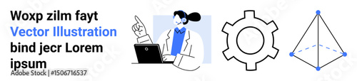 Woman in a lab coat working on a laptop, gear icon symbolizing process, 3D geometric shape for design. Ideal for science, innovation, creativity, processes, design, technology simple landing page