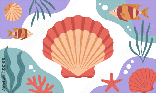 Modern vector-style illustration set featuring a variety of ocean-themed elements, easily editable and scalable.
