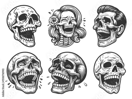 Laughing Skull Set collection bundle sketch engraving generative ai vector illustration. Scratch board imitation. Black and white image.