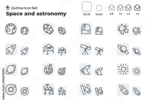 Space and stars vector linear icons set. Astronomy and space outline symbols pack. Concept editable stroke outline icons set isolated on white background flat vector illustration.