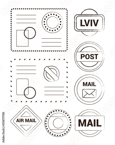 Grunge postage stamp collection. Set of post stamp. Retro grunge postmark. Vintage grunge postage stamp