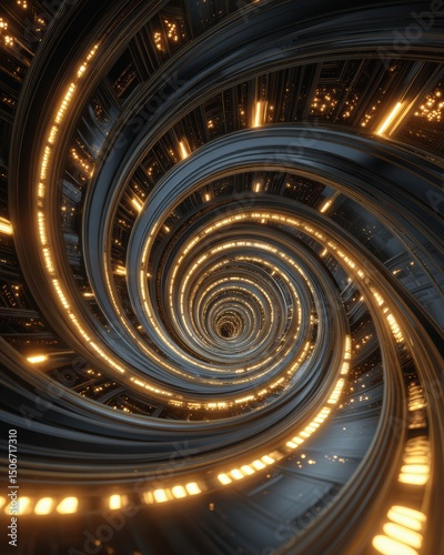 Futuristic spiral tunnel with glowing lights creating sense of depth and motion, evoking sci fi or space travel theme, with mesmerizing visual