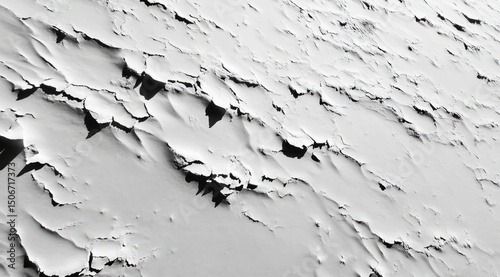 Close-up of a weathered, monochrome surface with extensively cracked and peeling paint, revealing dark underlayer
