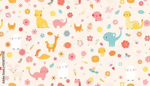 Whimsical seamless patterns featuring delicate, colorful cartoon animals and objects on pastel backgrounds ,  fantasy,  artwork