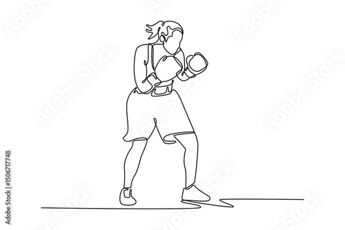Continuous one line drawing young confident female boxer standing in pose and ready to fight. Professional sports, active lifestyle, body, strength. Single line draw design vector graphic illustration