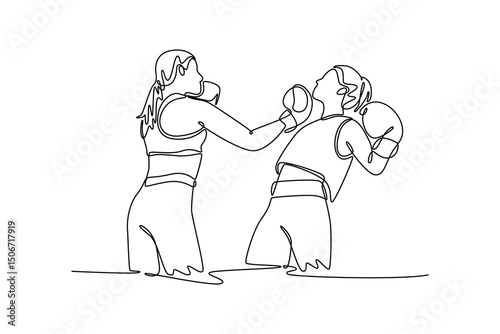 Single continuous line drawing active female athlete striking opponent with uppercut during boxing fight. Two woman boxers having match in boxing ring. One line draw graphic design vector illustration