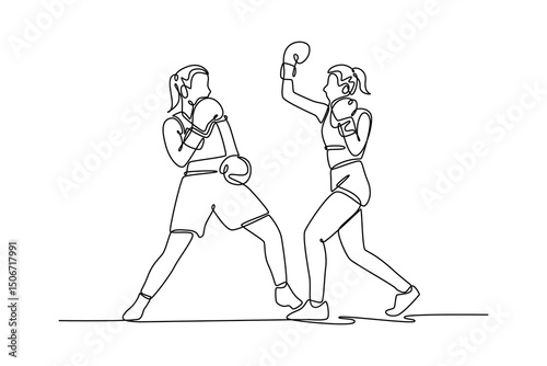 Single continuous line drawing female boxer use uppercut punch combinations in boxing match. Getting in close to make opponent on ropes and knockout. One line draw graphic design vector illustration