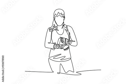 Single continuous line drawing beauty female boxer ready to exercise with her hands covered in boxing wraps. Active lifestyle, body, strength. Dynamic one line draw graphic design vector illustration