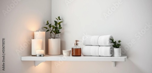 White corner shelf with candles, linen towels, and bathroom essentials,   bathroom decor,  furniture