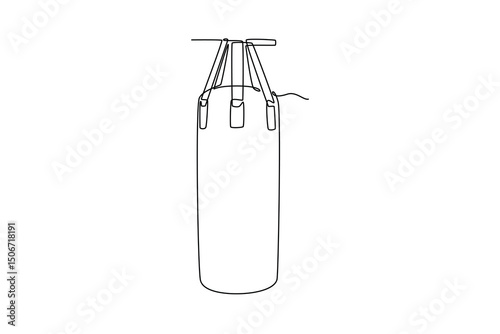 Single continuous line drawing punching bag for boxing gear logo. Boxing equipment for training at indoor gym. Boxer punch practice for match. Dynamic one line draw graphic design vector illustration