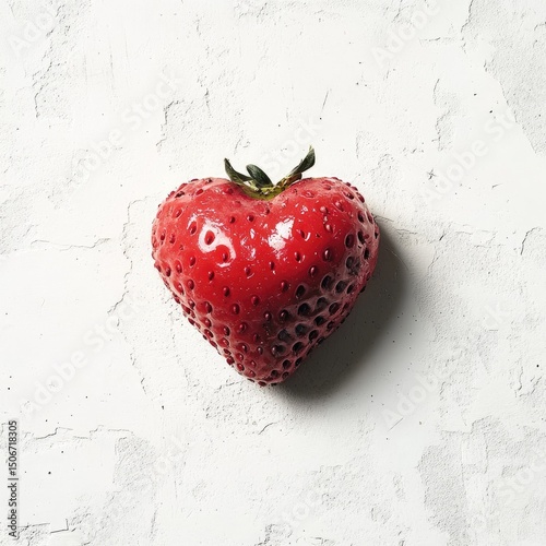 A single, vibrant red heart-shaped strawberry sits on a textured off-white background