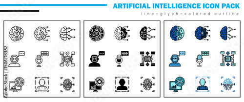 This icon set explores AI innovations like algorithms, neural chips, cloud systems, music, drones, marketing tools, and ethical concerns driving intelligent automation across industries.