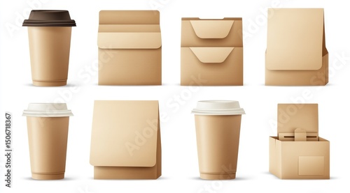 Eight realistic illustrations of various types of eco-friendly, disposable food and beverage packaging; cups, boxes, and bags, all in kraft brown