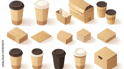 Isometric illustration of various eco-friendly disposable food and beverage containers; cups, boxes, and wrappers in kraft paper and cardboard