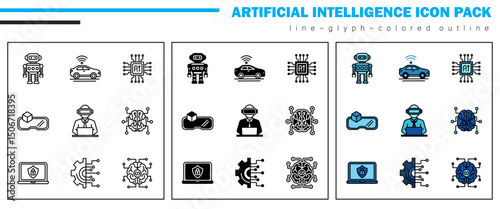 This icon set highlights advanced AI functions: surveillance, search, robots, augmented systems, chatbots, big data processing, automation, and cybersecurity protections.