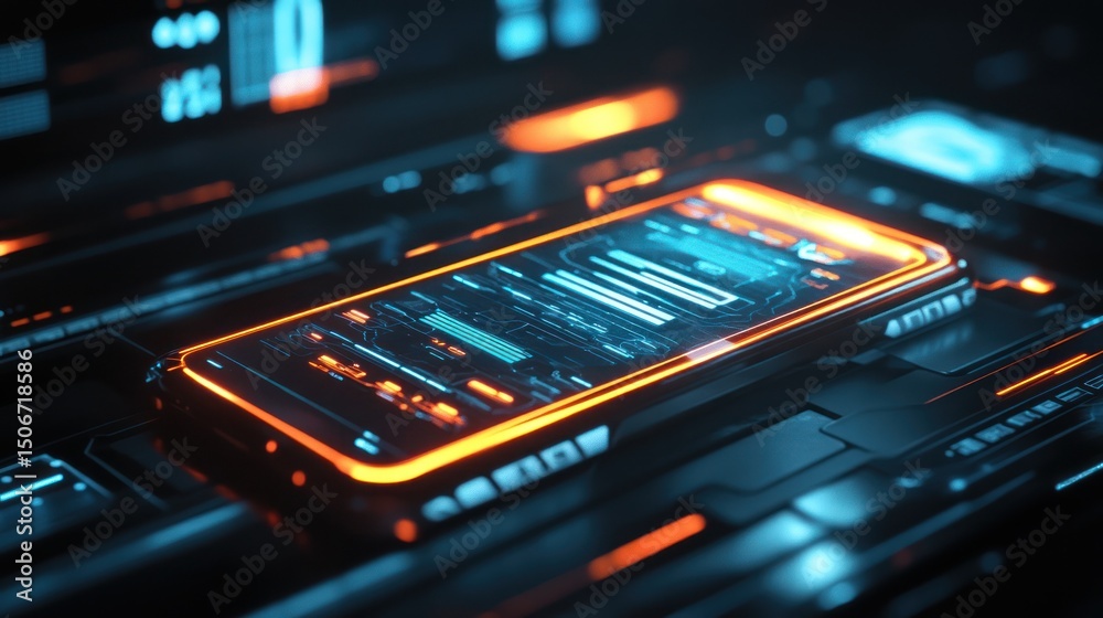 Obraz premium Futuristic phone embedded in a complex technological system. Dynamic glowing interface with orange and blue accents