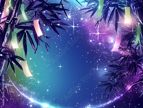 七夕の輝く星空と笹飾り