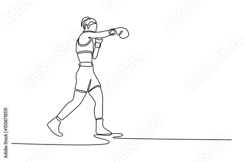 Single one line drawing aggressive female boxer performs jab punch exercise with her hands covered boxing gloves. Health, sport, motion. Modern continuous line draw design graphic vector illustration