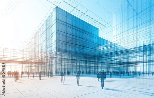 Wireframe rendering of a modern glass skyscraper complex, showcasing a bustling plaza with numerous pedestrians, bathed in bright sunlight