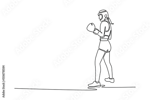 Single one line drawing cute female boxer wearing protective head guard and boxing gloves, ready to fight. Boxing champion train at gym. Modern continuous line draw design graphic vector illustration