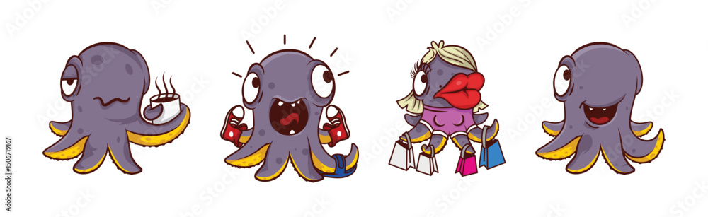 Obraz premium Funny Octopus Character Engaged in Different Activity Vector Set