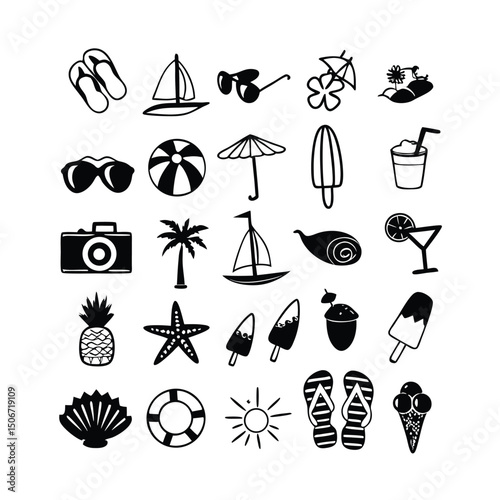 Summer vacation icons black and white illustration
