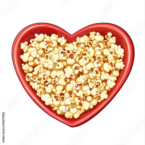 A red heart-shaped bowl overflows with fluffy, buttery popcorn, a delightful snack perfect for movie night or a romantic gesture