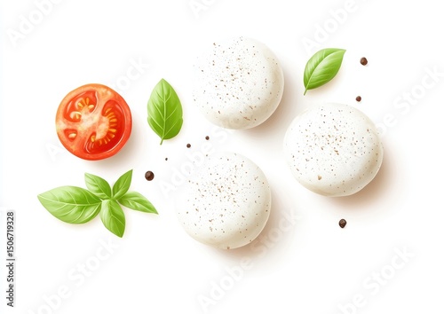 Three small white cheese balls, a halved cherry tomato, and fresh basil leaves are artfully arranged on a white background, sprinkled with black peppercorns