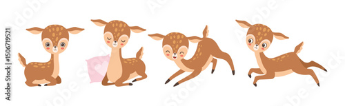 Cute Little Baby Deer Forest Animal in Different Pose Vector Set