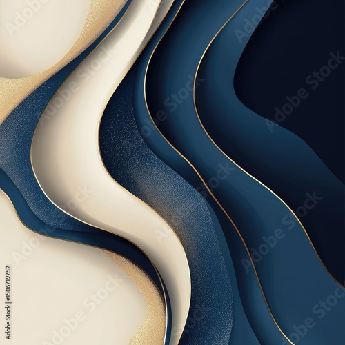 Abstract art with flowing, layered cream and navy blue forms, accented by gold lines, creating a luxurious, textured effect