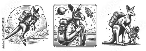 kangaroo in space suit with backpack, floating in outer space Set collection bundle sketch engraving generative ai vector illustration. Scratch board imitation. Black and white image.
