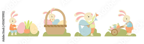 Funny Bunny Character with Egg in Garden Vector Set