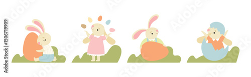 Funny Bunny Character with Egg in Garden Vector Set