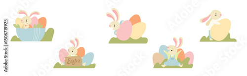 Funny Bunny Character with Egg in Garden Vector Set