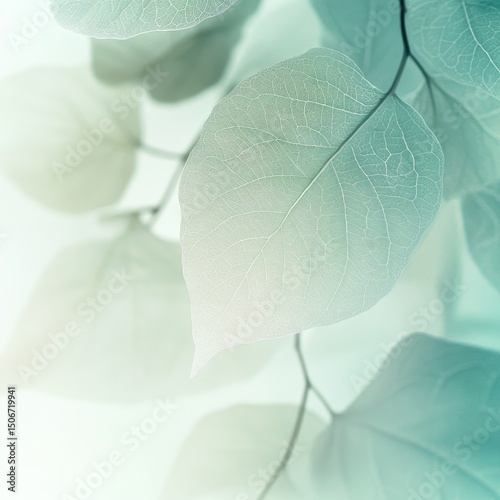 Soft-focus image of delicate, translucent teal leaves on slender branches against a bright, blurred background