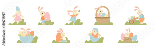 Funny Bunny Character with Egg in Garden Vector Set